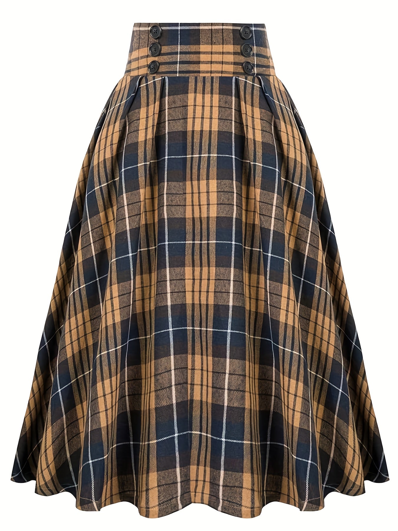 gbolsos  Plus Size Grunge Skirt, Women's Plus Plaid Print Button Decor Elastic Ruffle Skirt