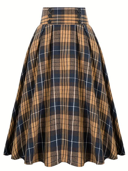 gbolsos  Plus Size Grunge Skirt, Women's Plus Plaid Print Button Decor Elastic Ruffle Skirt