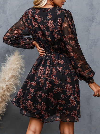 gbolsos  Floral Print Surplice Neck Dress, Elegant Long Sleeve Dress, Women's Clothing