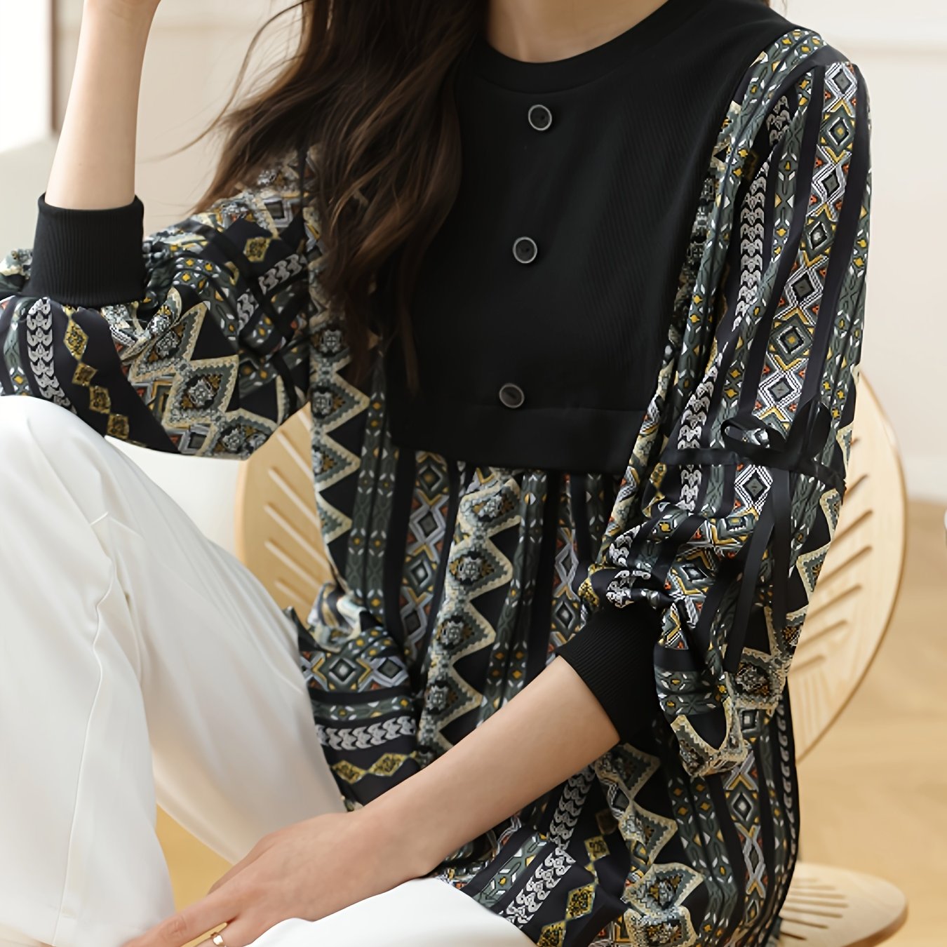 gbolsos  Vintage Graphic Print Splicing Top, Elegant Button Front Lantern Sleeve Top For Spring & Fall, Women's Clothing