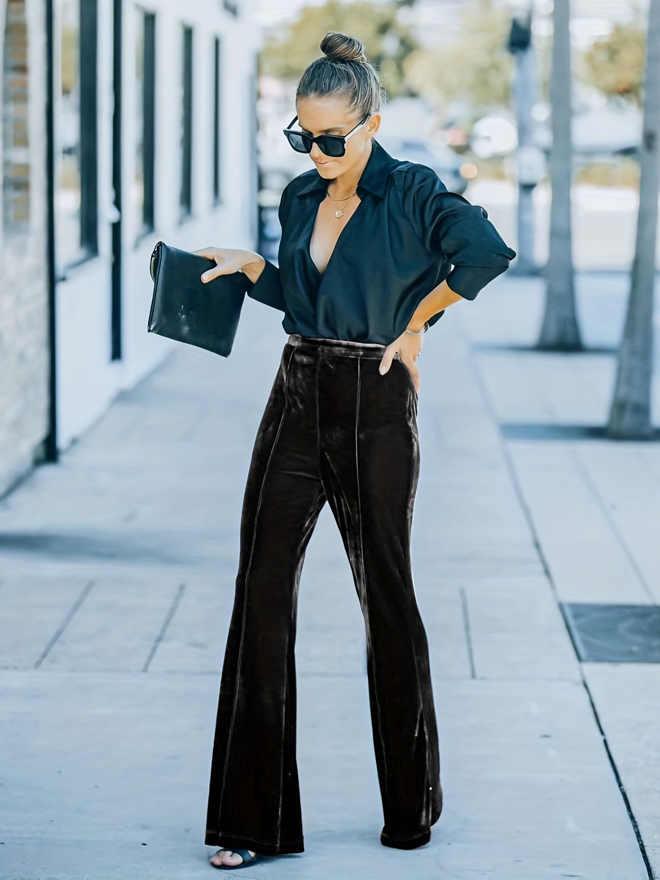 High Waist Flare Leg Pants, Casual Loose Pants For Spring & Fall, Women's Clothing