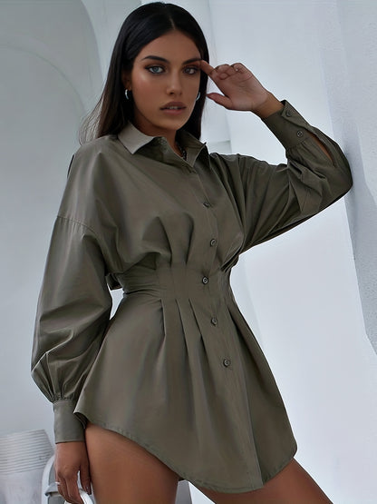 gbolsos  Solid Lapel Drop Shoulder Long Sleeve Button Down Dress, Tie Waist Ruffled Hem Elegant Dress, Women's Clothing