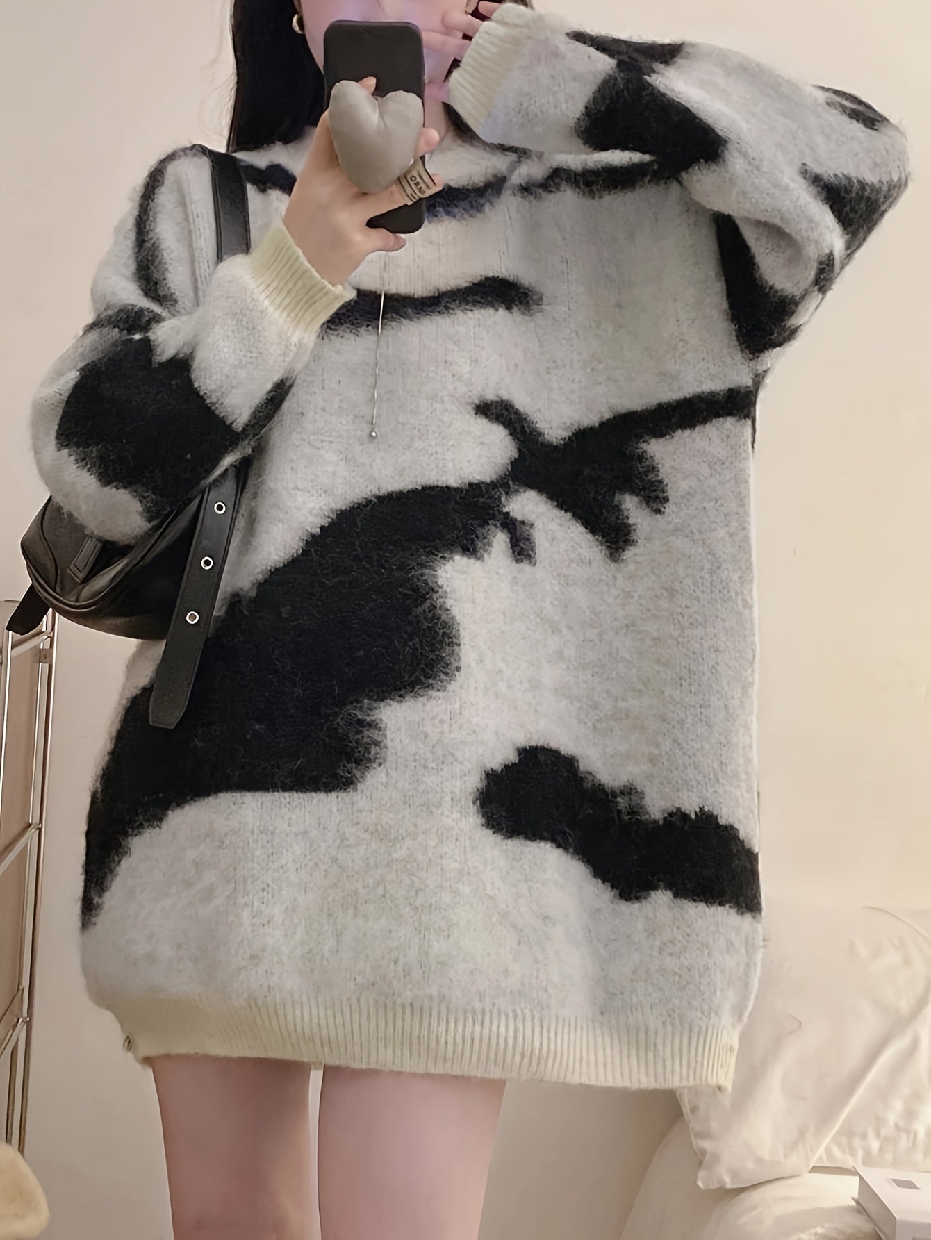 gbolsos  Zebra Striped Loose Pullover Sweatshirt, Casual Crew Neck Contrast Trim Knit Sweatshirt For Spring & Fall, Women's Clothing
