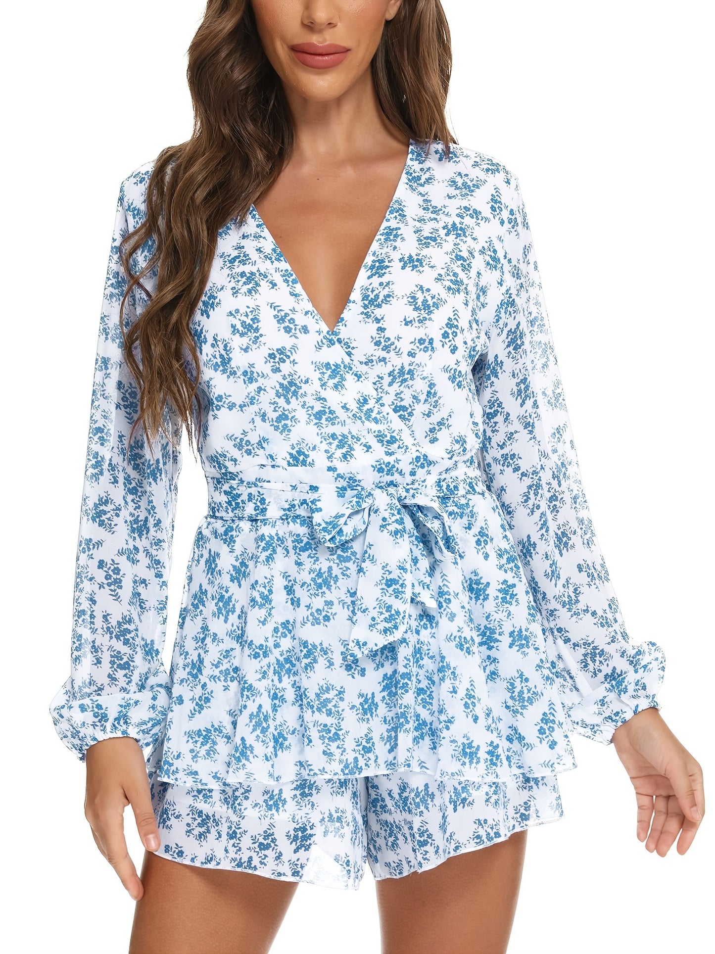 elveswallet  Ladies Polka-dot V-neck Jumpsuits, Long Sleeve Ruffle Hem Romper Playsuit, Casual Every Day Romper, Women's Clothing