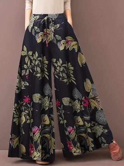 Plus Size Casual Pants, Women's Plus Floral Print Wide Leg Loose Drawstring Pants With Pockets