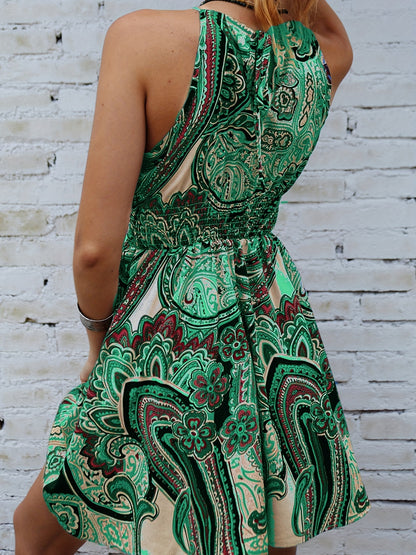 gbolsos  Paisley Print Tie Back Dress, Boho Shirred Waist Sleeveless Dress, Women's Clothing
