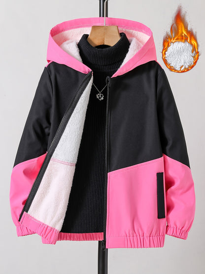 gbolsos  Girls Chevron Color Block Hooded Fleece Lined Windbreaker Jacket For Teen Kids Autumn And Winter