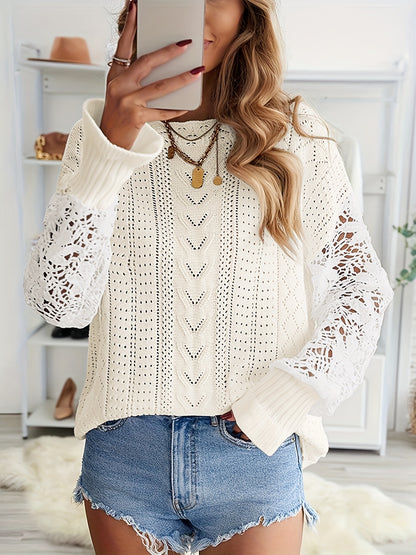 gbolsos  Contrast Lace Eyelet Knit Sweater, Casual Crew Neck Long Sleeve Sweater, Women's Clothing