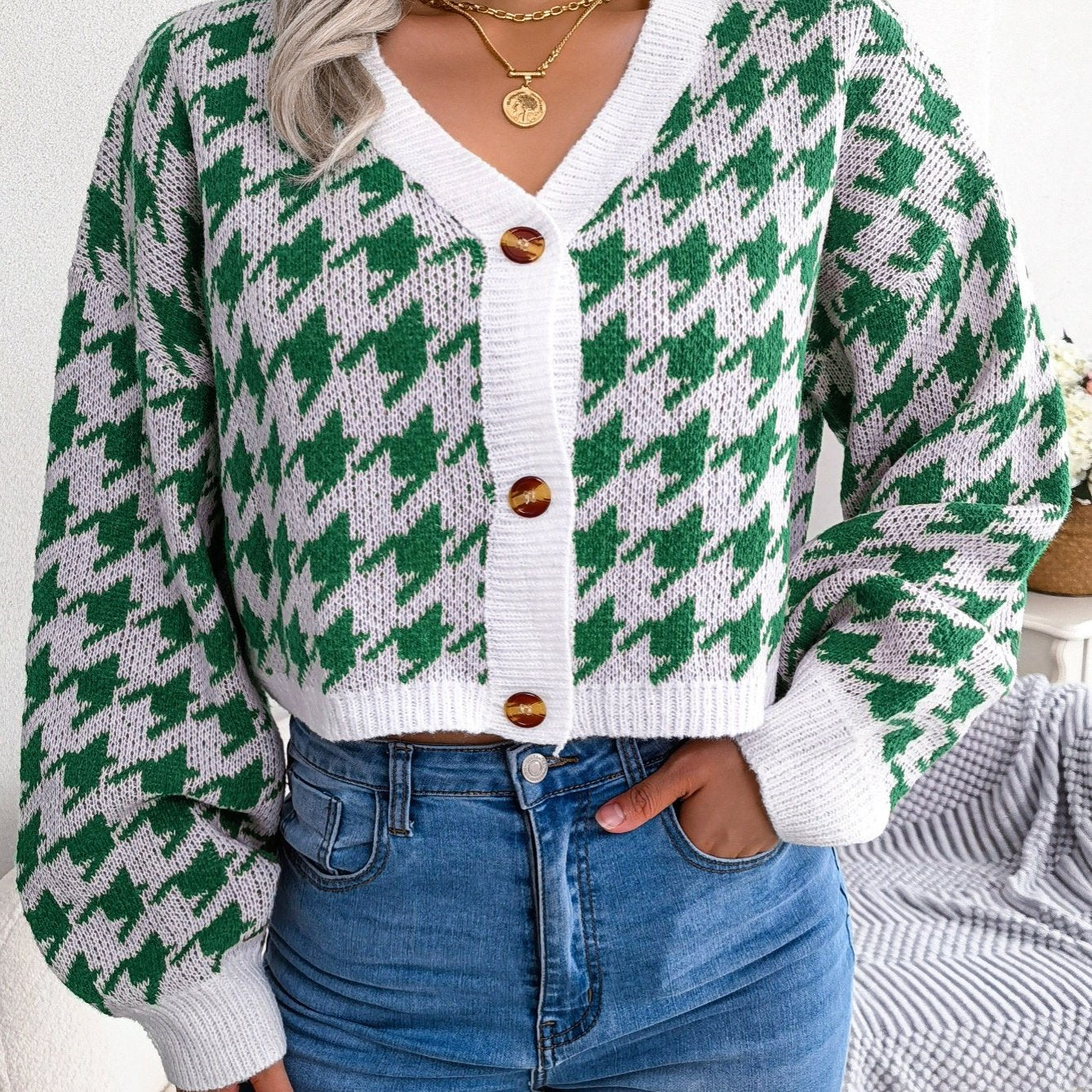 2025 gbolsos  Houndstooth Button Up Cardigan, Long Sleeve V Neck Casual Sweater, Women's Clothing