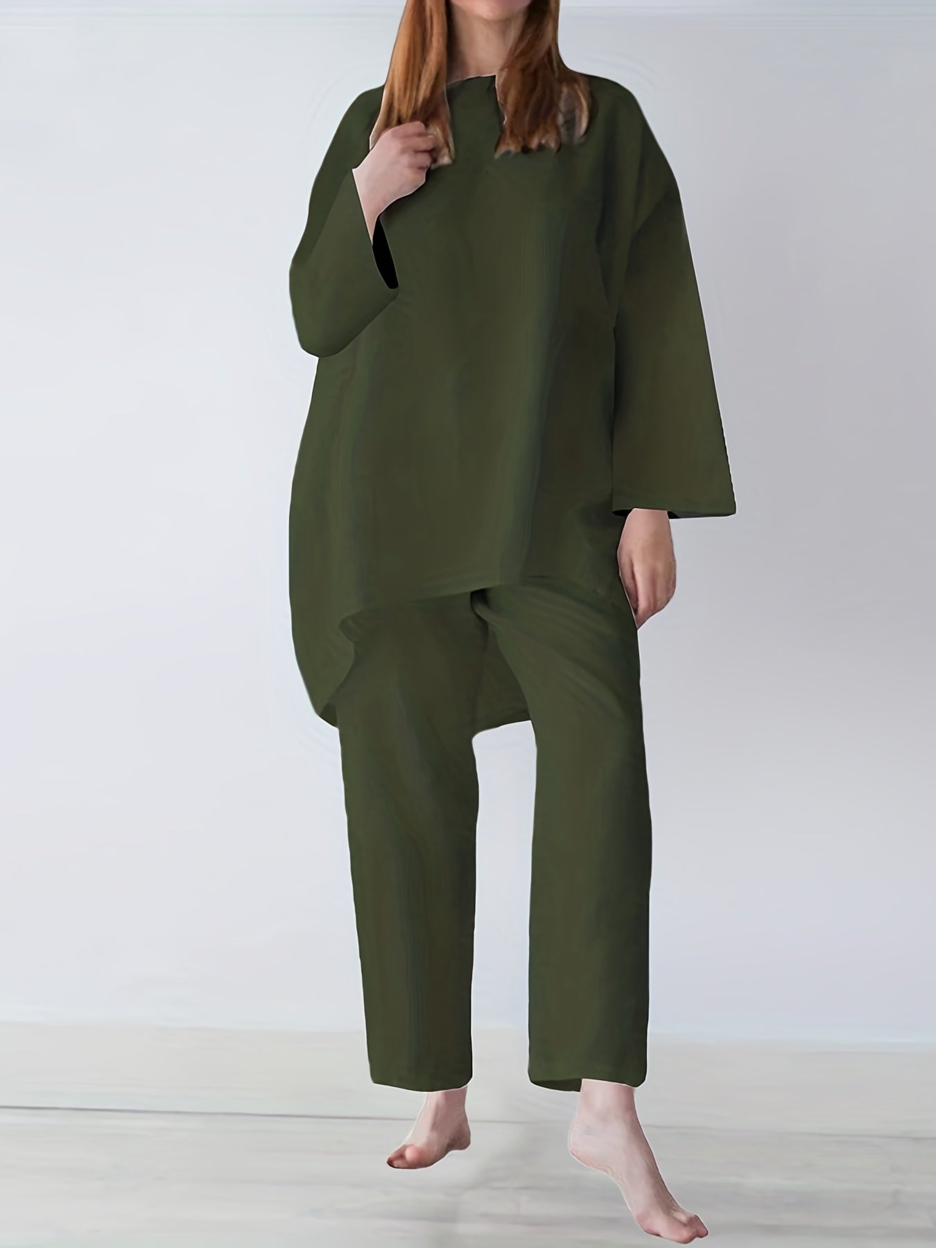 gbolsos  Solid Casual Two-piece Set, Long Sleeve Crew Neck Loose Tops & Wide Leg Pants Outfits, Women's Clothing