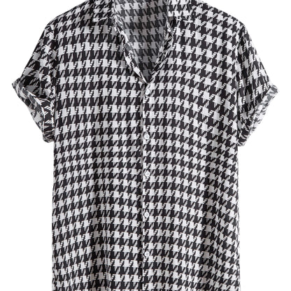 gbolsos   Houndstooth Print -  Button Up Short Sleeve Shirts Summer Casual