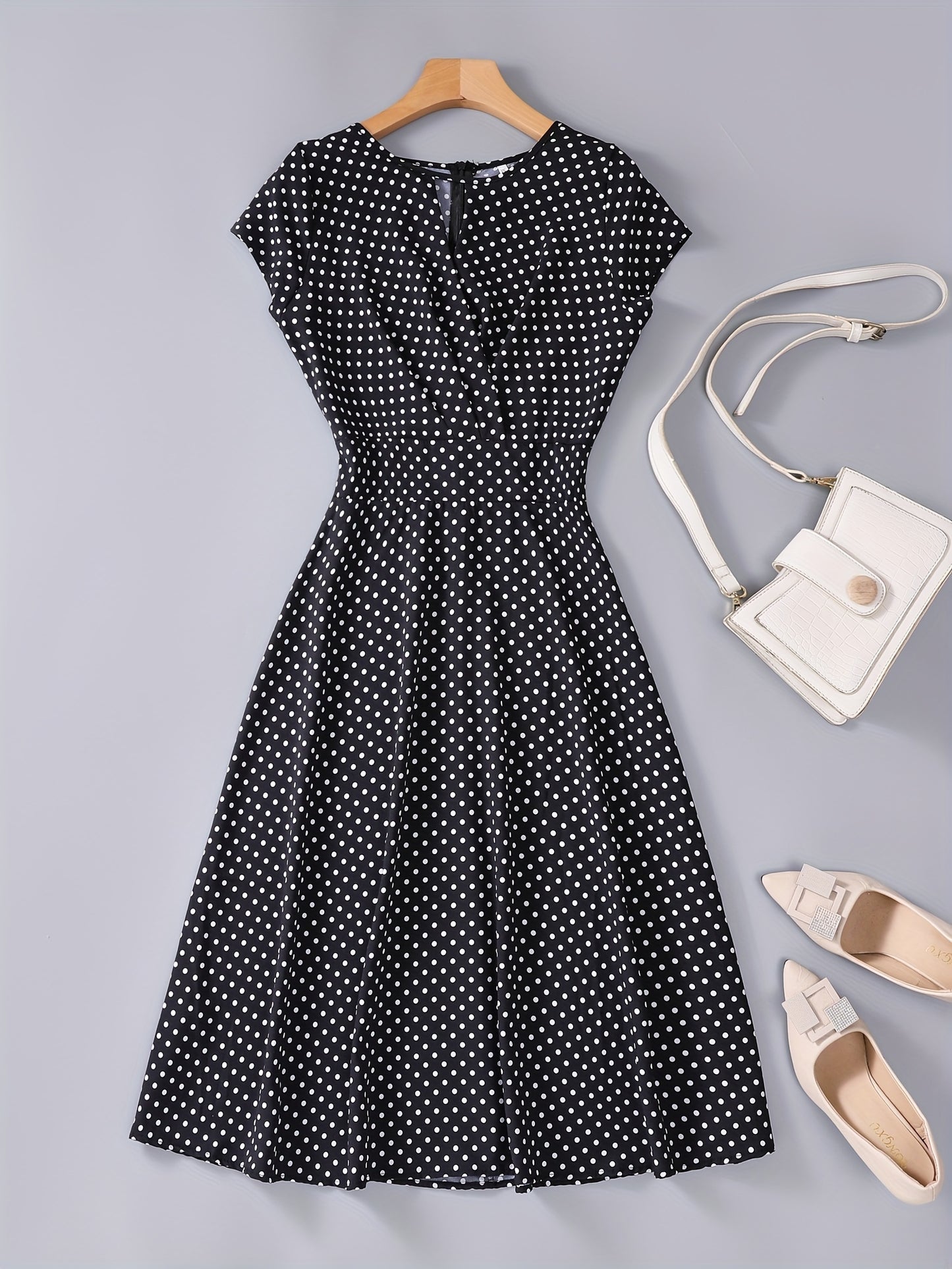 gbolsos  Polka Dot Keyhole Dress, Casual Crew Neck Cap Sleeve Slim Waist Dress, Women's Clothing