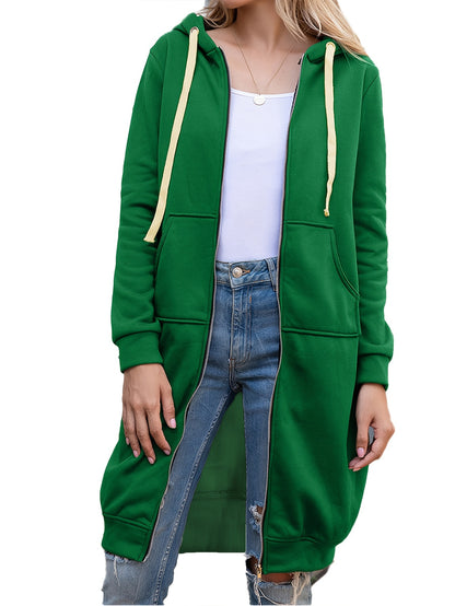 Solid Zip Up Long Length Hoodie, Casual Long Sleeve Drawstring Hoodies Sweatshirt, Women's Clothing