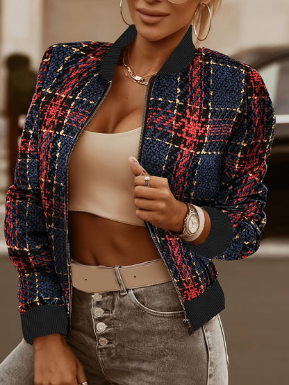 gbolsos  Plaid Pattern Bomber Jacket, Casual Zip Up Long Sleeve Outerwear, Women's Clothing