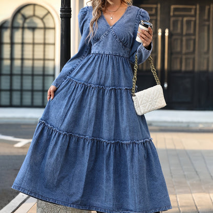 gbolsos  Long Sleeves Layered Denim Dress, V Neck Ruffle Hem Denim Dress, Women's Denim Clothing