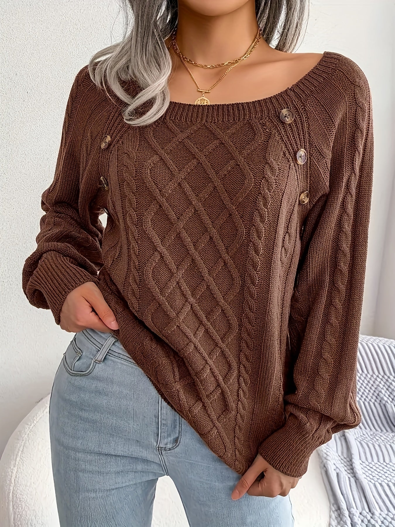 2025 gbolsos  Cable Knitted Button Sweater, Casual Long Sleeve Sweater For Fall & Winter, Women's Clothing