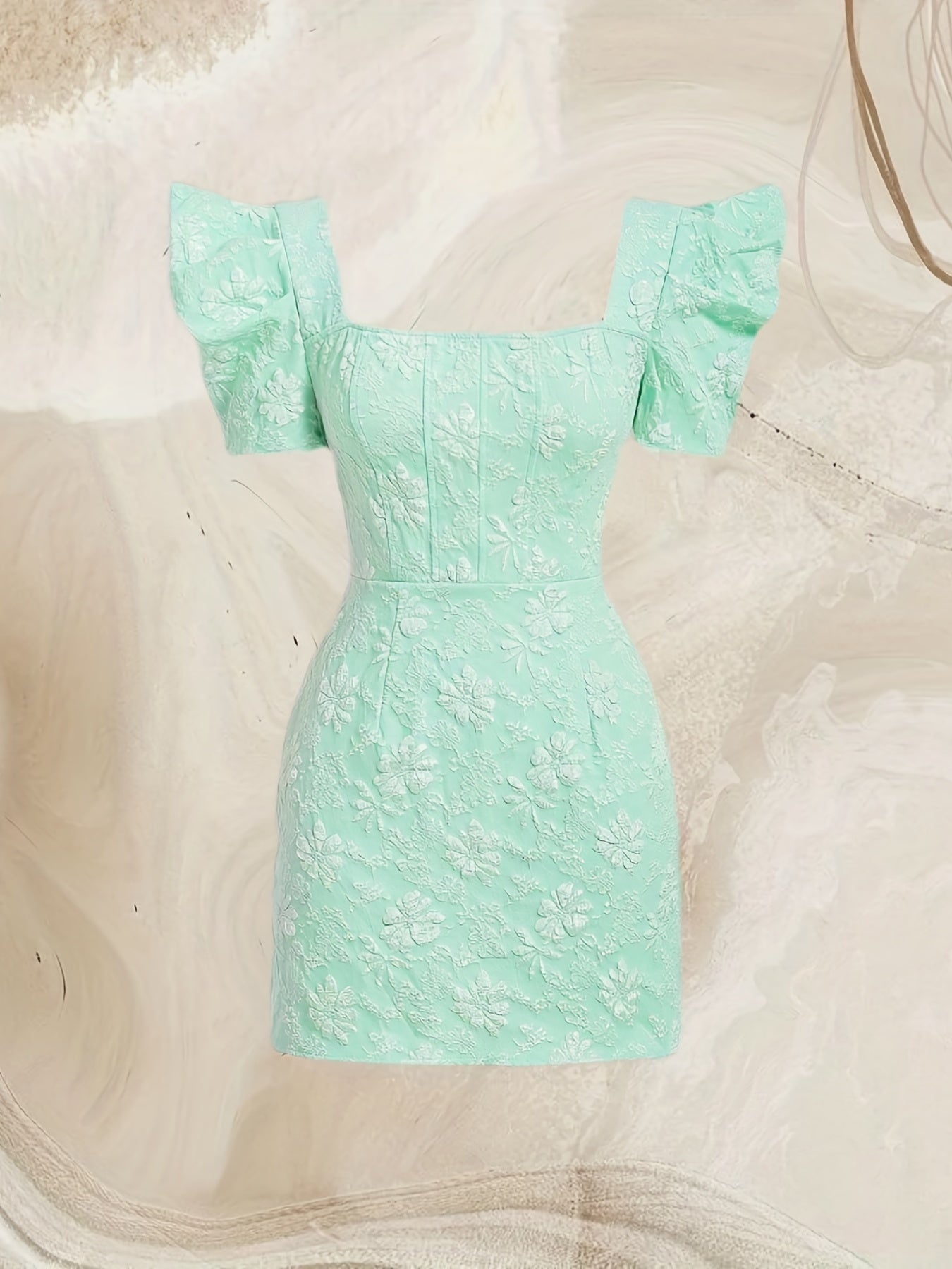 Solid Color Puff Sleeve Dress, Elegant Square Neck Dress For Spring & Summer, Women's Clothing