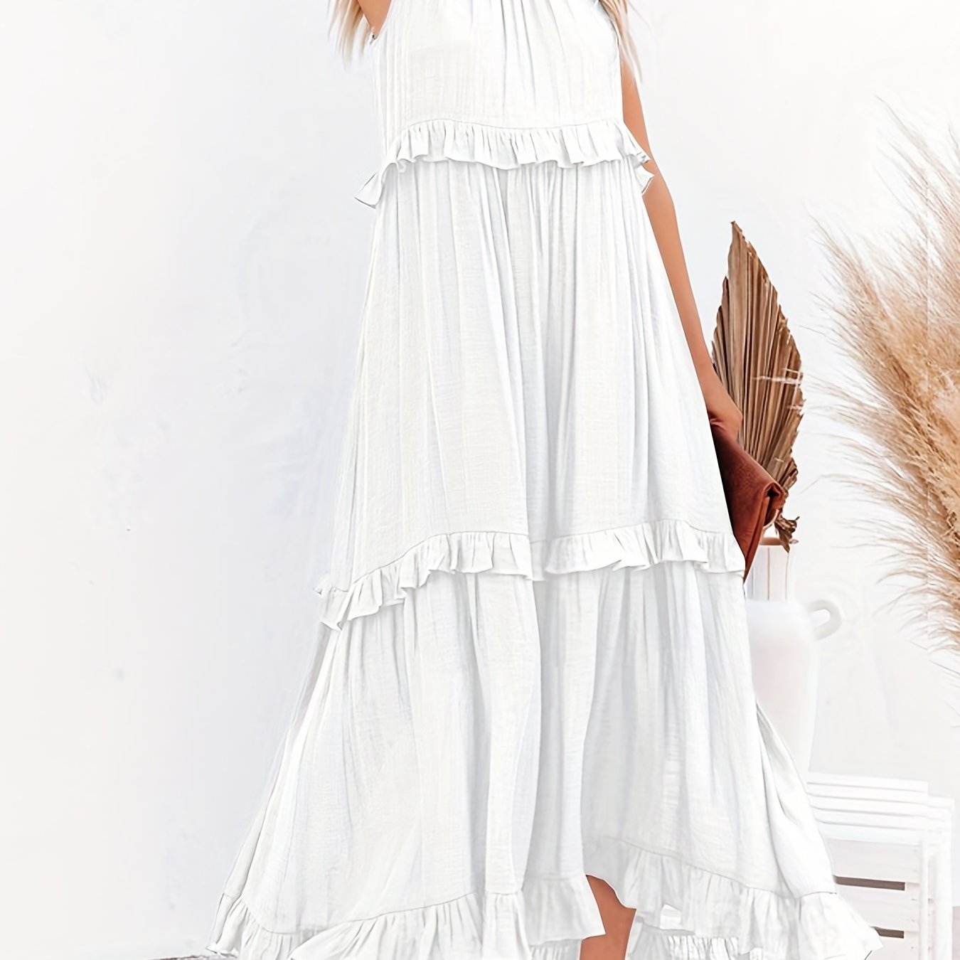 gbolsos  Tiered Ankle Tank Dress, Casual Backless Halter Neck Dress For Summer, Women's Clothing