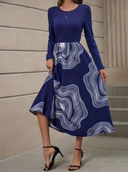 gbolsos  Abstract Print Splicing Dress, Elegant Crew Neck Long Sleeve Dress, Women's Clothing