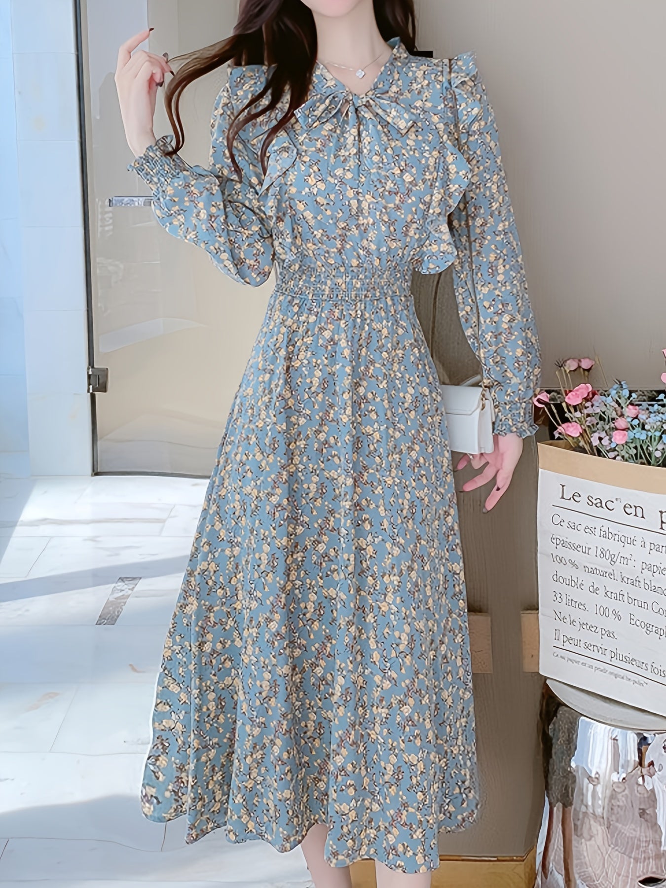 gbolsos  Floral Print Slim Bow Front Dress, High Waist Long Sleeve Casual Every Day Dress, Women's Clothing