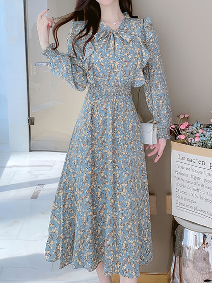 gbolsos  Floral Print Slim Bow Front Dress, High Waist Long Sleeve Casual Every Day Dress, Women's Clothing