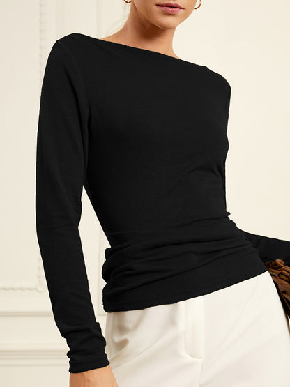 gbolsos  Solid Boat Neck T-Shirt, Casual Long Sleeve Top For Spring & Fall, Women's Clothing