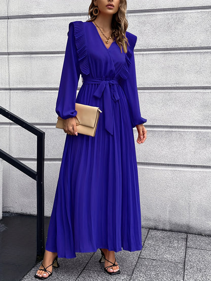 Ruffle Trim Pleated Dress, Casual V Neck Long Sleeve Solid Dress, Women's Clothing