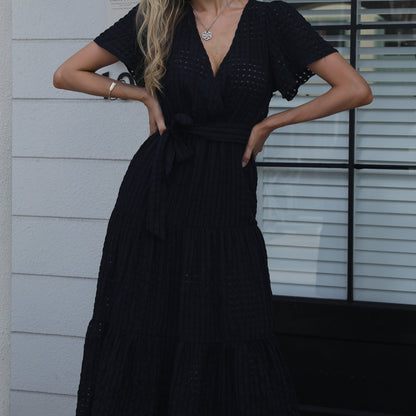 gbolsos  Solid High Waist Dress, Casual Surplice Neck Short Sleeve Maxi Dress, Women's Clothing