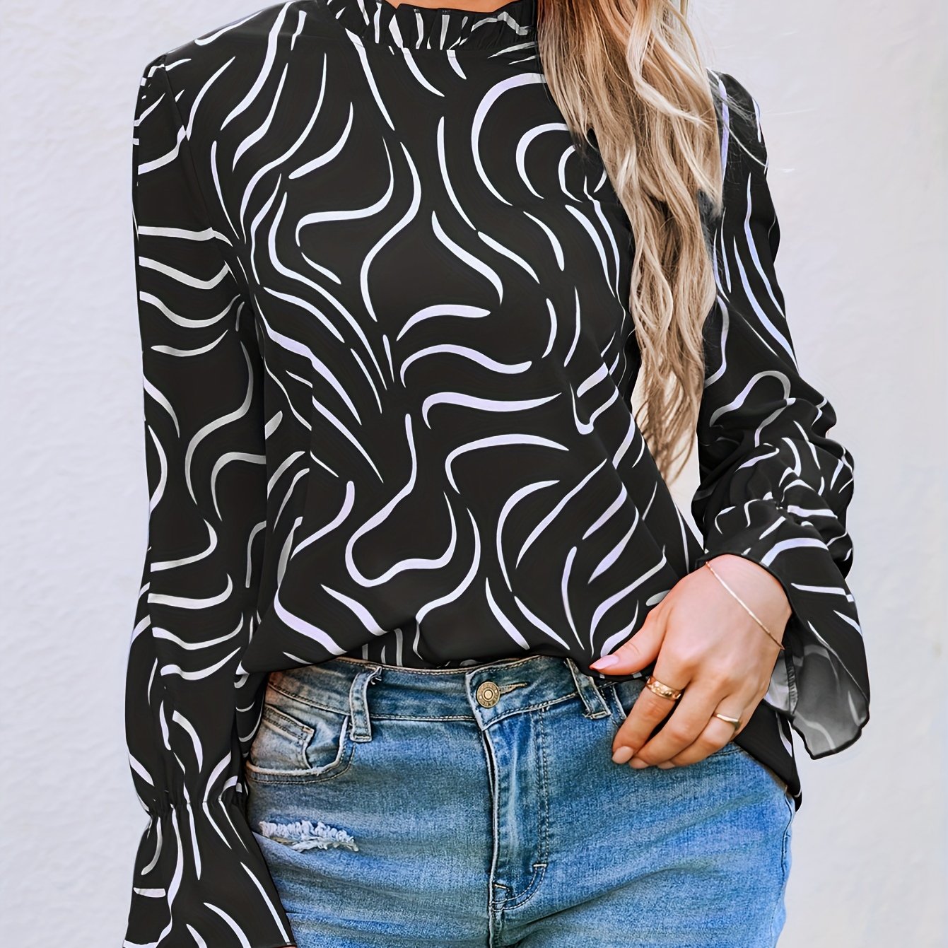 gbolsos  Abstract Ripple Print Stand Collar Blouse, Casual Long Sleeve Blouse, Women's Clothing