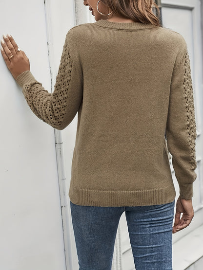 gbolsos  Eyelet Solid Knit Sweater, Casual Crew Neck Long Sleeve Sweater, Women's Clothing