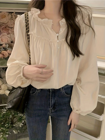 gbolsos Lettuce Trim Solid Blouse, Casual Crew Neck Long Sleeve Blouse, Women's Clothing