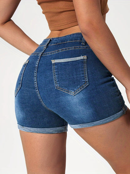2025 gbolsos  Single-breasted Roll Hem High Strech Shorts, Water Ripple Embossed Crotch High Waist Slash Pocket Denim Pants, Women's Denim Jeans & Clothing