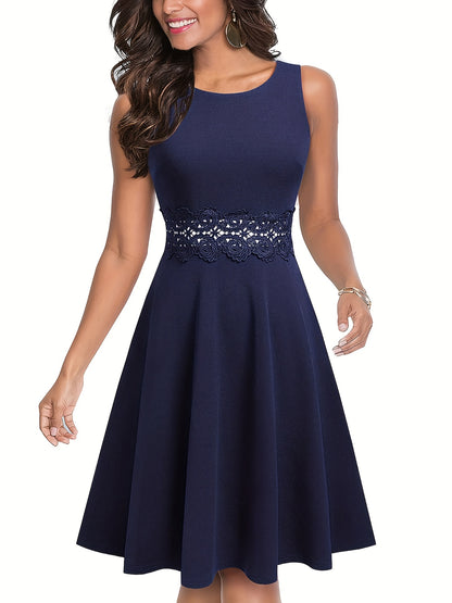 gbolsos  Lace Stitching Solid Dress, Elegant Sleeveless Crew Neck Pleated Tank Dress, Women's Clothing