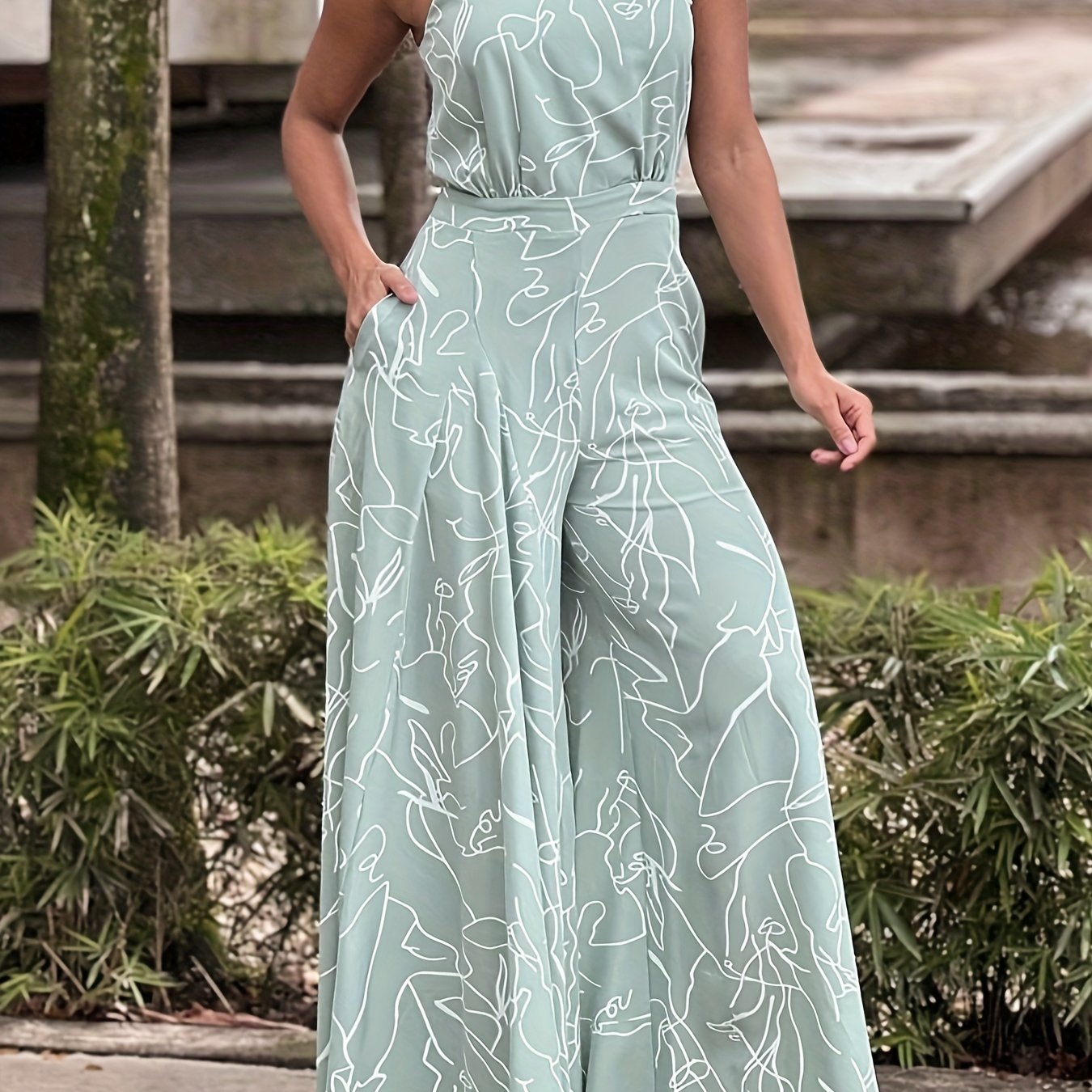 gbolsos  Abstract Print Wide Leg Jumpsuit, Elegant Sleeveless Jumpsuit For Spring & Summer, Women's Clothing