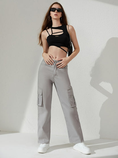 gbolsos  Plain Flap Pockets Cargo Pants, Loose Fit Non-Stretch Y2K & Kpop Style Straight Jeans, Women's Denim Jeans & Clothing