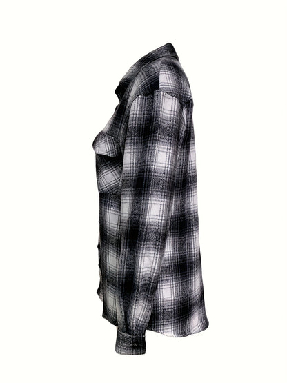 gbolsos  Plaid Print Polo Collar Button Shirt, Casual Long Sleeve Shirt For Spring & Fall, Women's Clothing