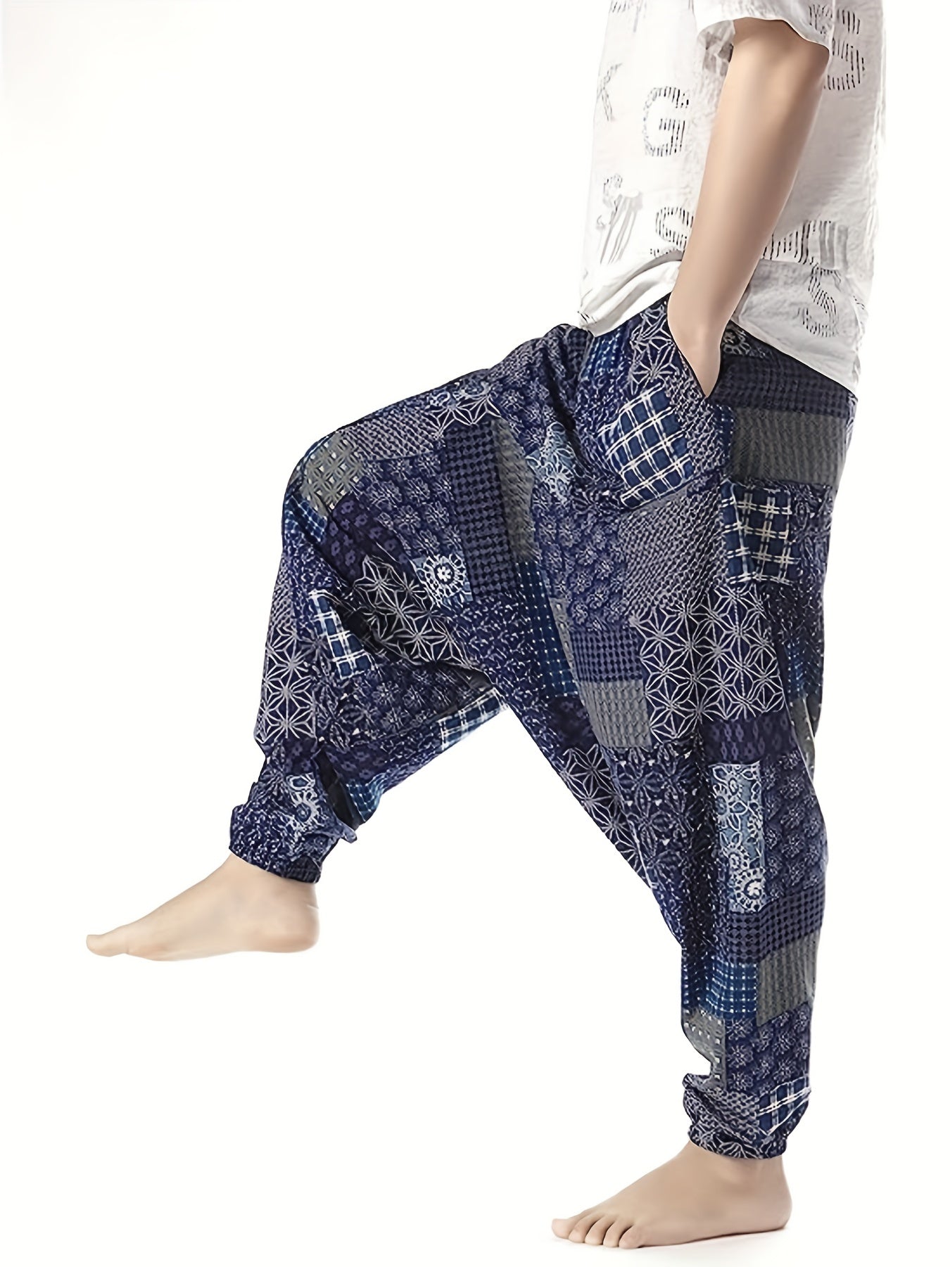 gbolsos Ethnic Pattern Vintage Cotton Harem Pants, Men's Casual Drop Crotch Jogging Harem Pants For Spring Summer