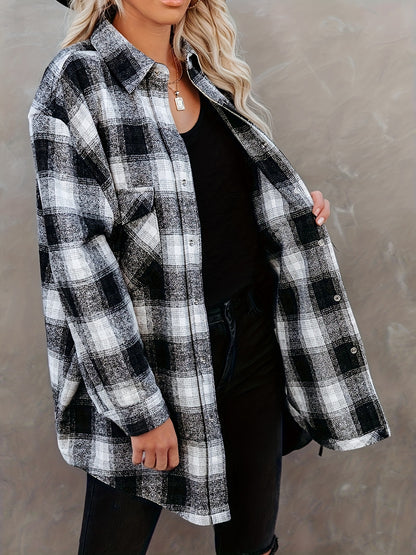 gbolsos  Plaid Print Polo Collar Button Shirt, Casual Long Sleeve Shirt For Spring & Fall, Women's Clothing