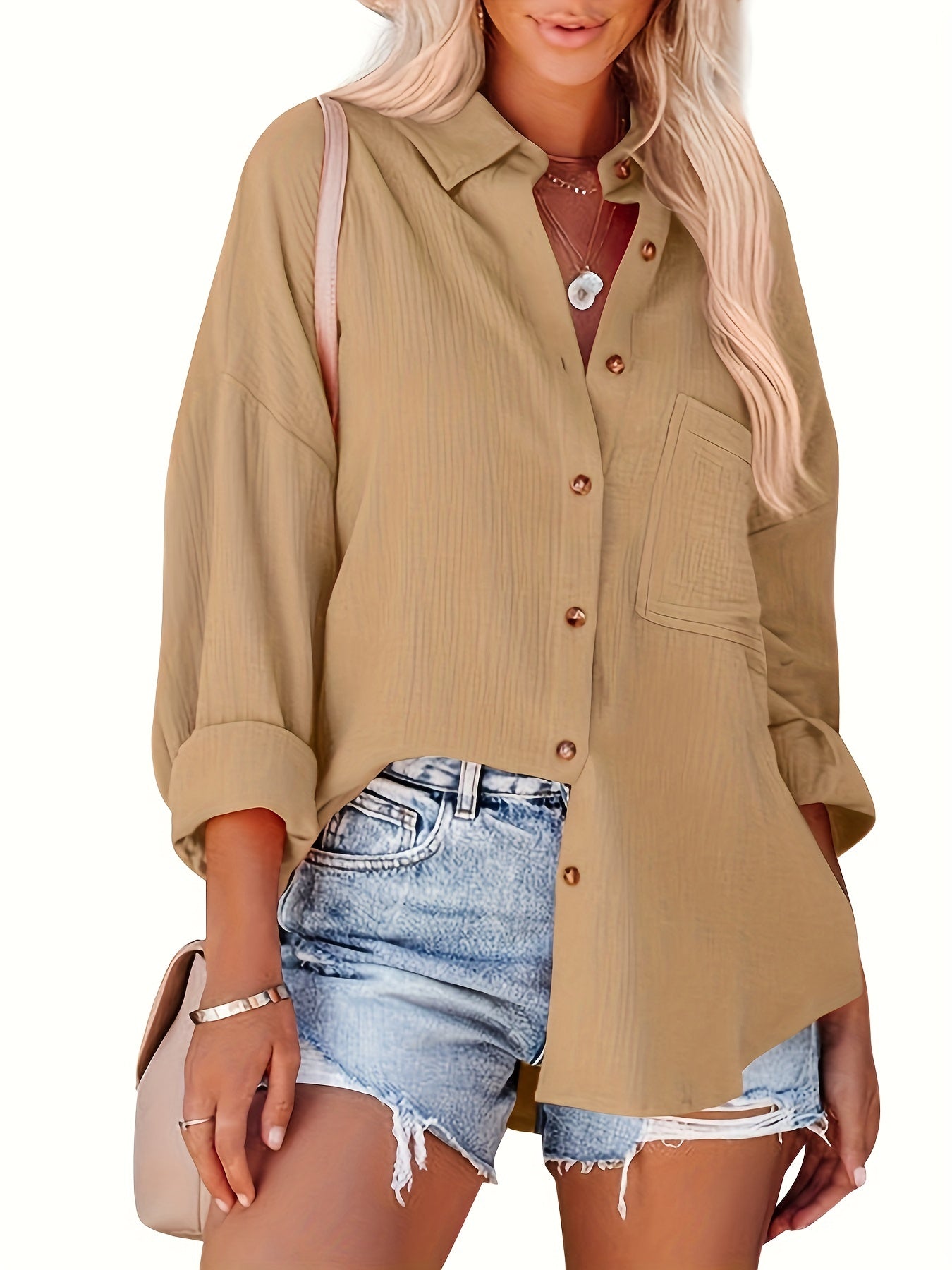 Solid Drop Shoulder Shirt, Casual Button Front Turn Down Collar Shirt With Pocket, Women's Clothing