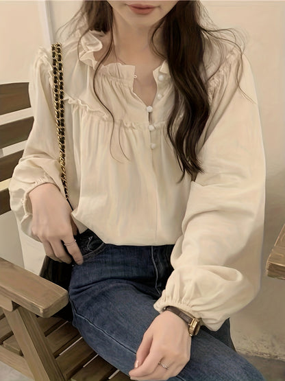 gbolsos Lettuce Trim Solid Blouse, Casual Crew Neck Long Sleeve Blouse, Women's Clothing