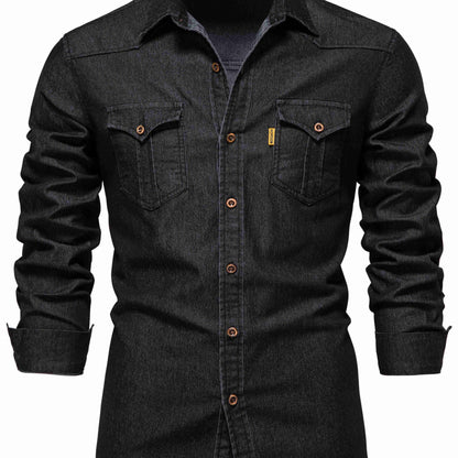 gbolsos  Cotton Denim Shirt Men Long Sleeve Quality Cowboy Shirts For Men Casual Slim Fit Mens Designer Clothing