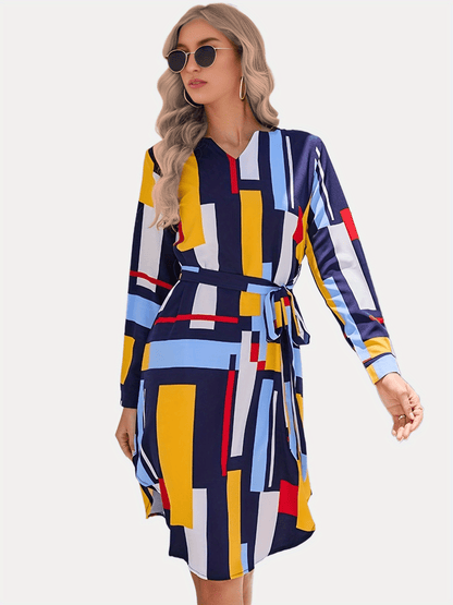 Color Block Belt V Neck Dress, Casual Long Sleeve Dress For Spring & Fall, Women's Clothing