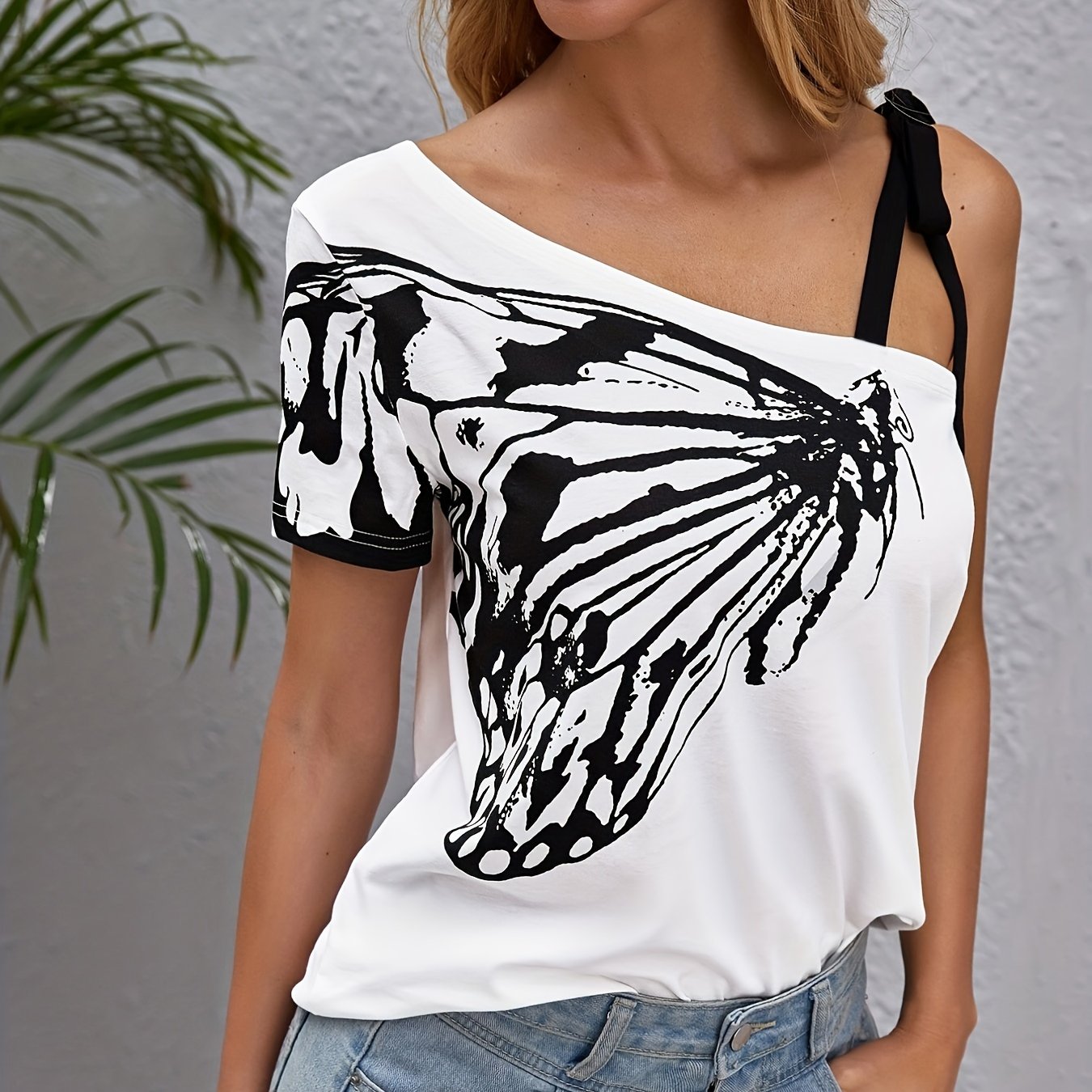 gbolsos  Butterfly Print Asymmetrical T-Shirt, Casual Short Sleeve T-Shirt For Spring & Summer, Women's Clothing