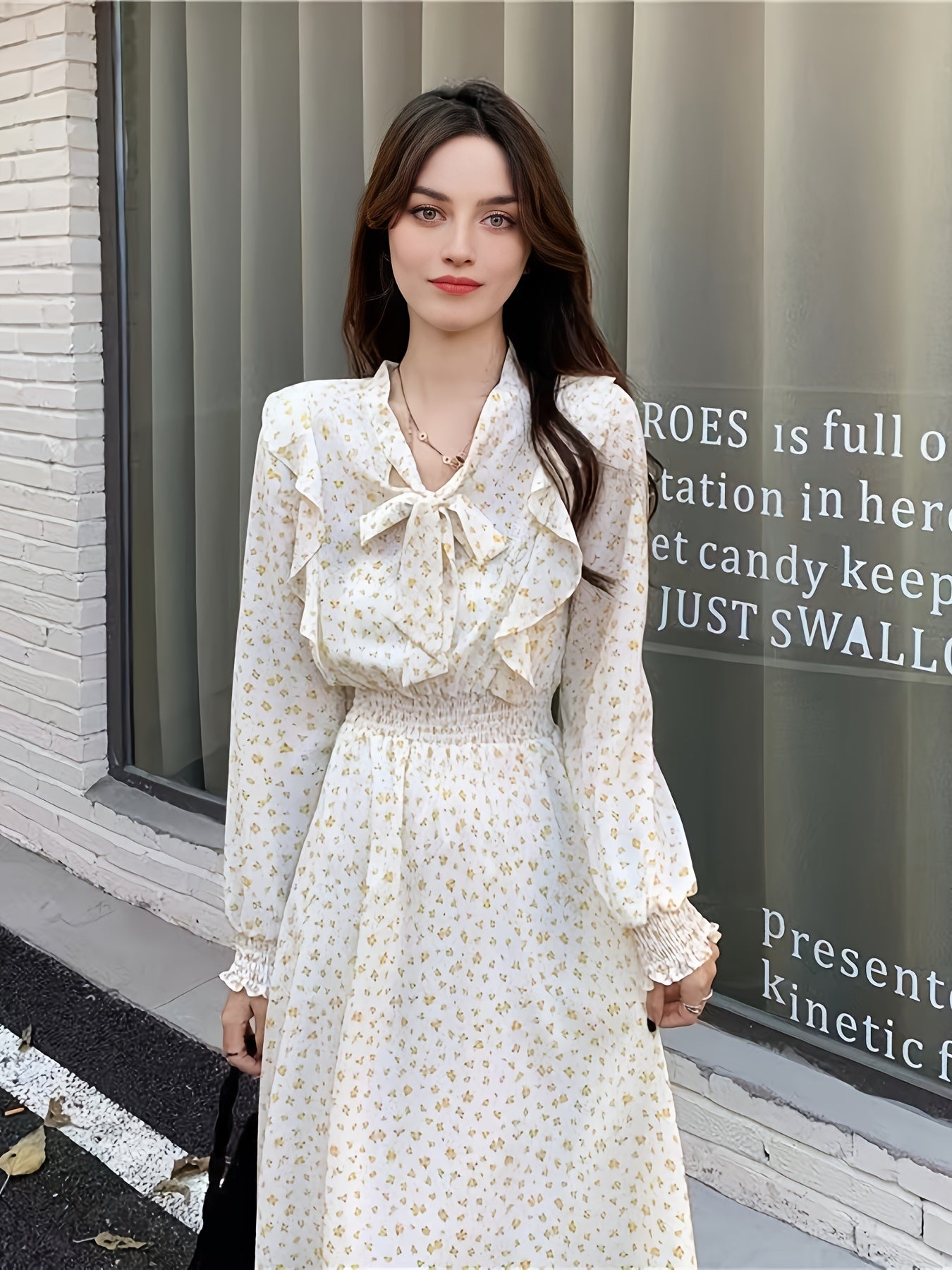 gbolsos  Floral Print Slim Bow Front Dress, High Waist Long Sleeve Casual Every Day Dress, Women's Clothing