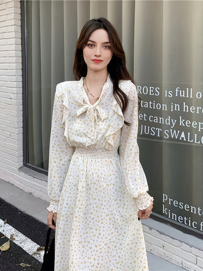 gbolsos  Floral Print Slim Bow Front Dress, High Waist Long Sleeve Casual Every Day Dress, Women's Clothing