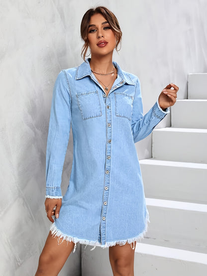 Blue Frayed Hem Denim Dress, Long Sleeves Single Breasted Button Lapel Denim Dress, Women's Denim Clothing