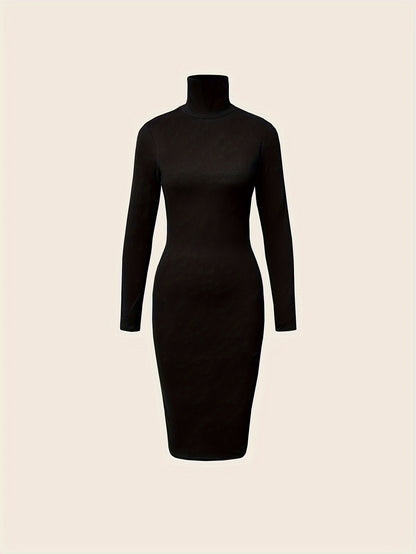Turtleneck Solid Midi Dress, Elegant Long Sleeve Bodycon Dress, Women's Clothing