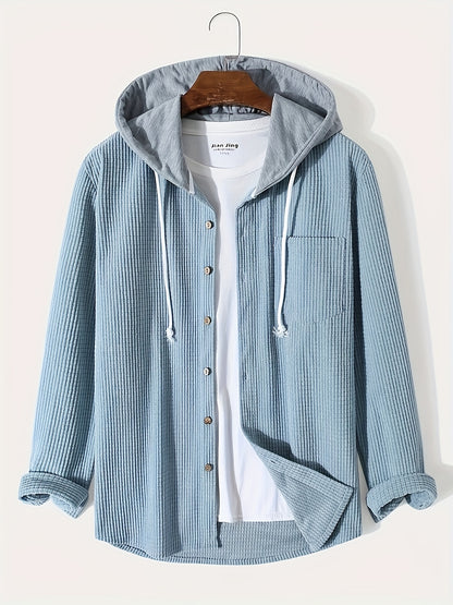gbolsos  Waffle Pattern Hoodie Shirt Coat For Men Long Sleeve Casual Regular Fit Button Up Hooded Shirts Jacket