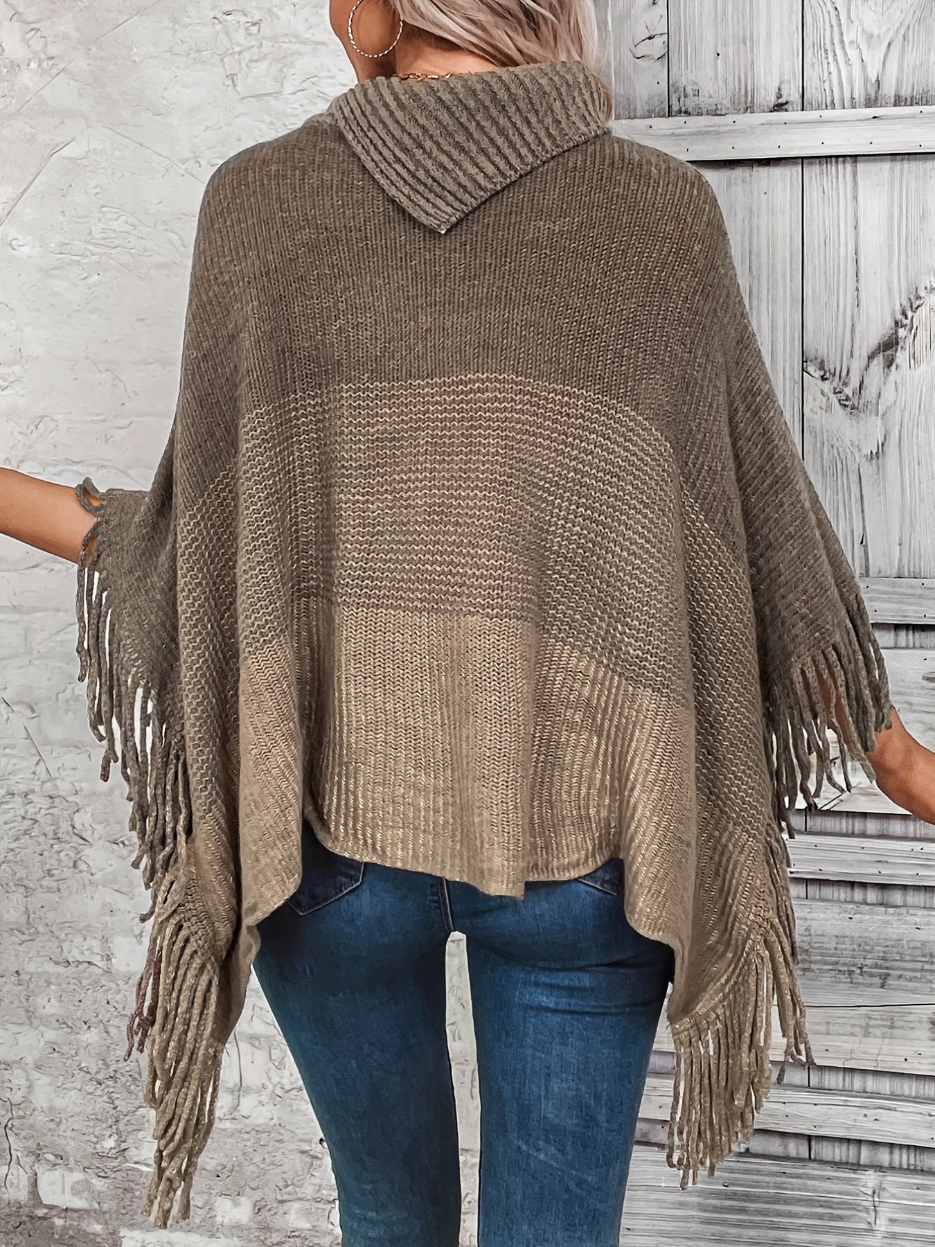 Color Block Tassel Trim Cape Sweater, Casual Asymmetrical Collar Button Sweater, Women's Clothing