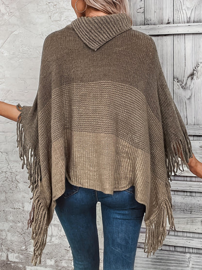 Color Block Tassel Trim Cape Sweater, Casual Asymmetrical Collar Button Sweater, Women's Clothing